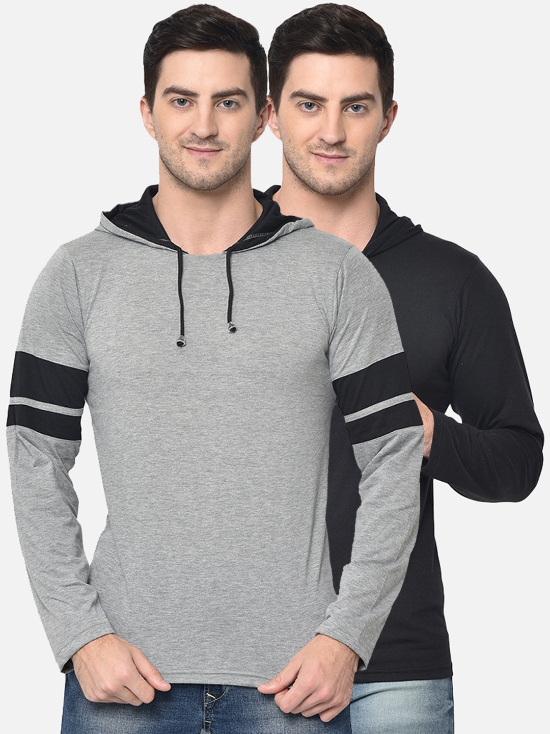 

VIMAL JONNEY Men Pack Of 2 Grey & Black Solid Hood T-shirt