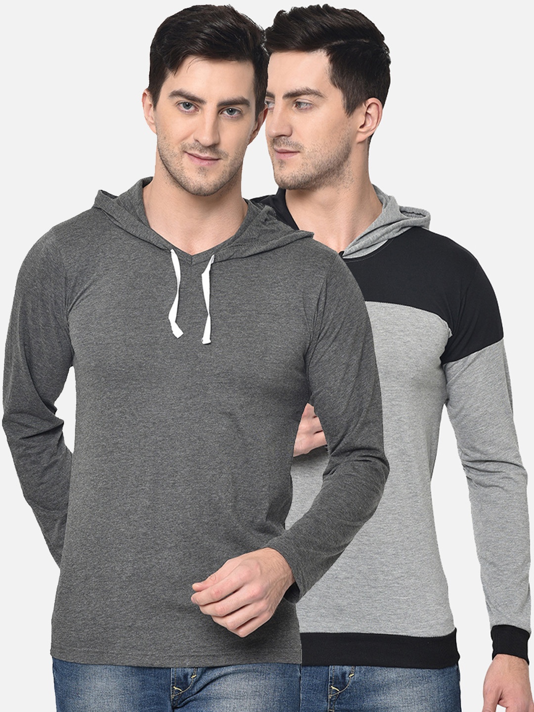 

VIMAL JONNEY Men Set Of 2 Grey Solid Hood T-shirt