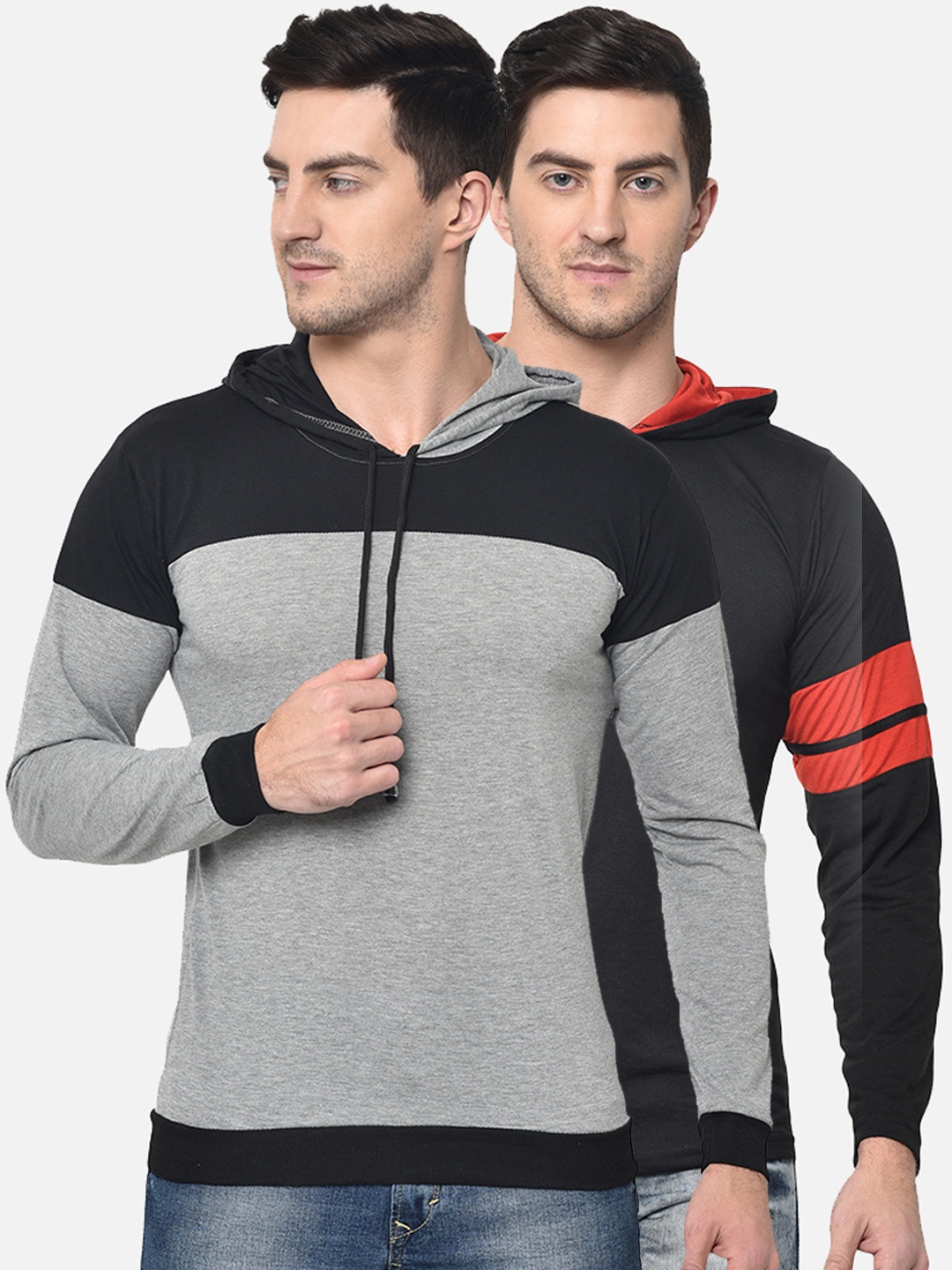 

VIMAL JONNEY Men Pack Of 2 Colourblocked Hooded T-shirts, Grey