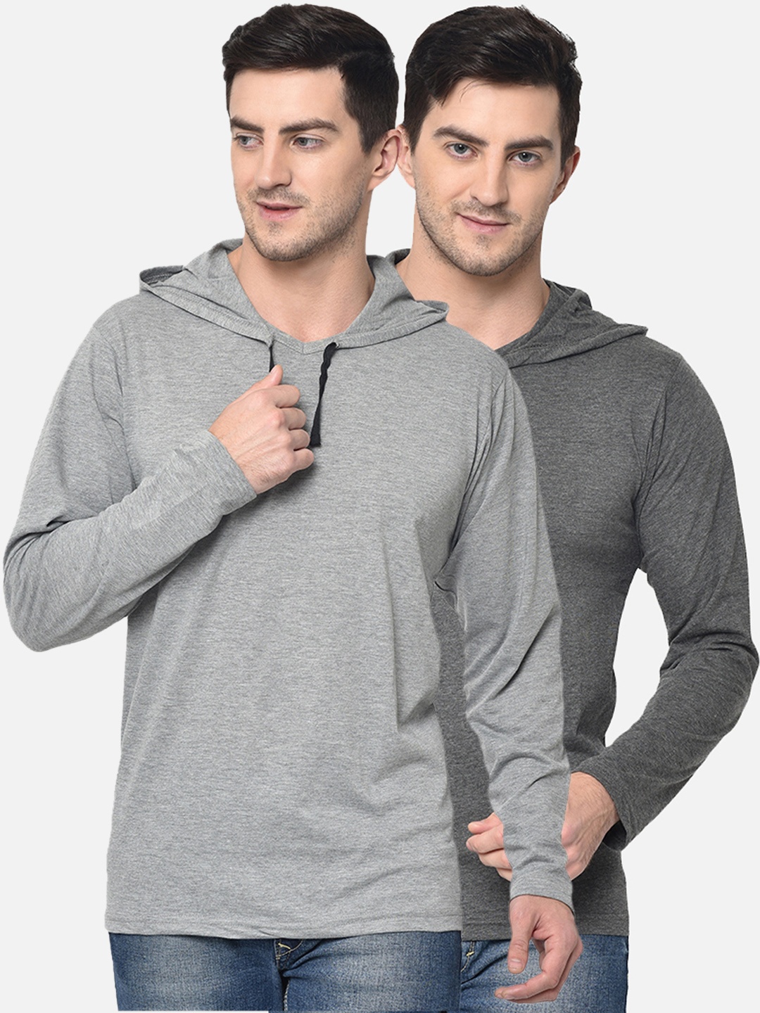 

VIMAL JONNEY Men Pack of 2 Solid Hooded T-shirts, Grey melange