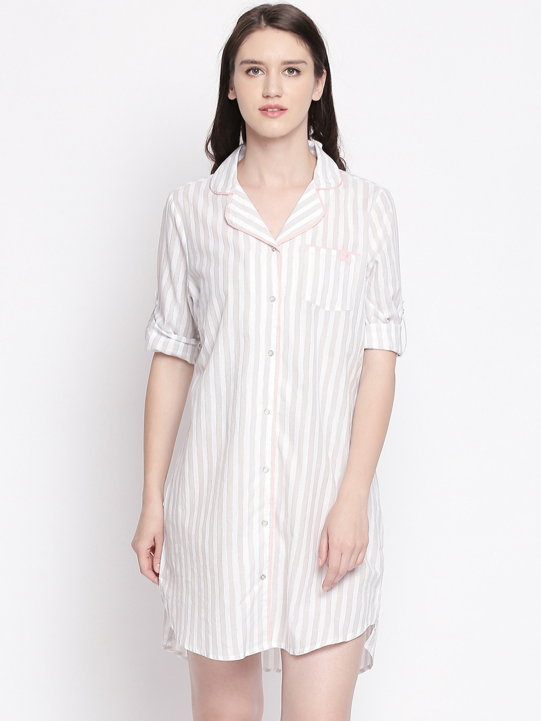 

Dreamz by Pantaloons Pink & White Striped Pure Cotton Sleep Shirt