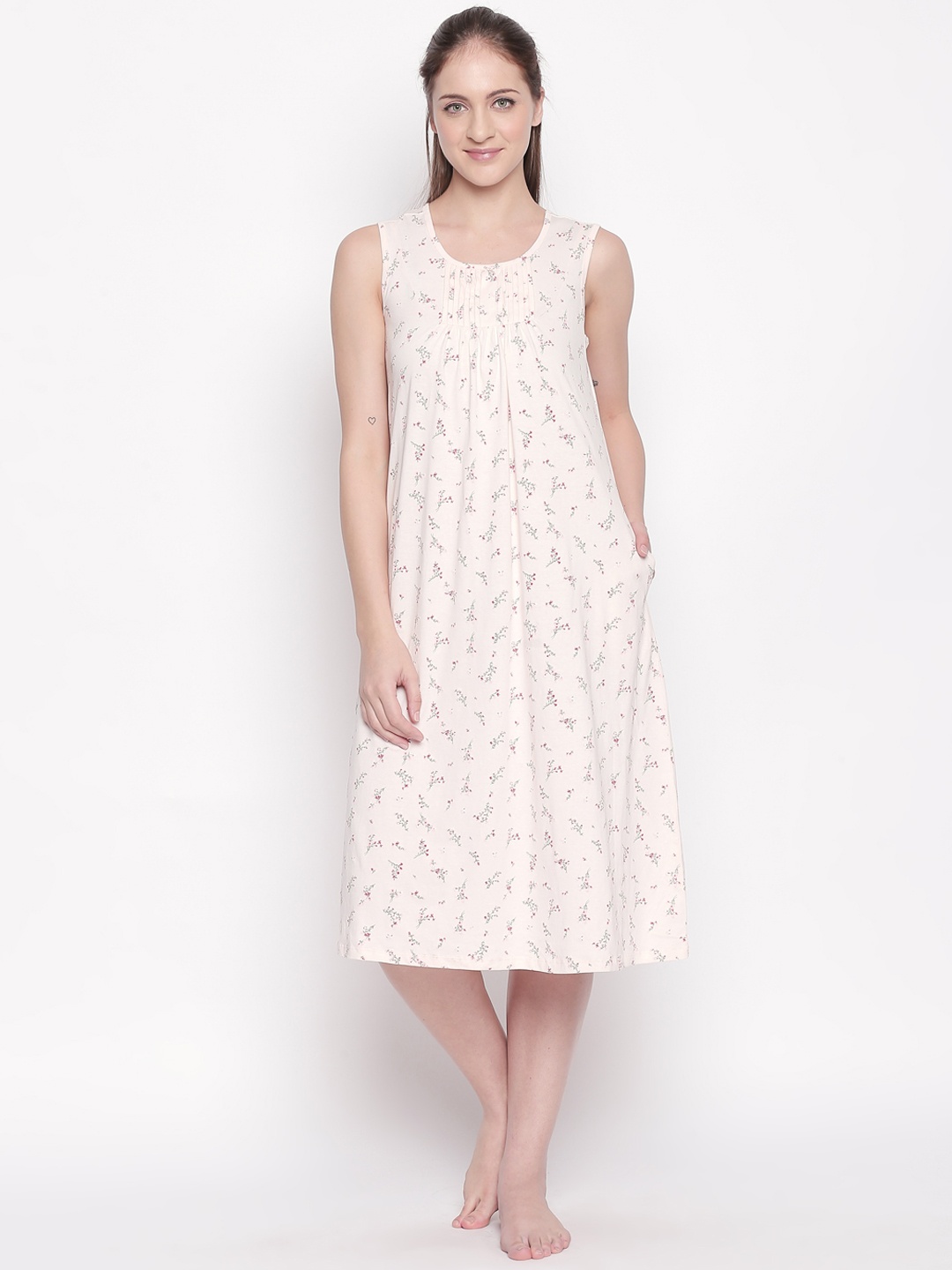 

Dreamz by Pantaloons Cream-Coloured & Pink Printed Nightdress