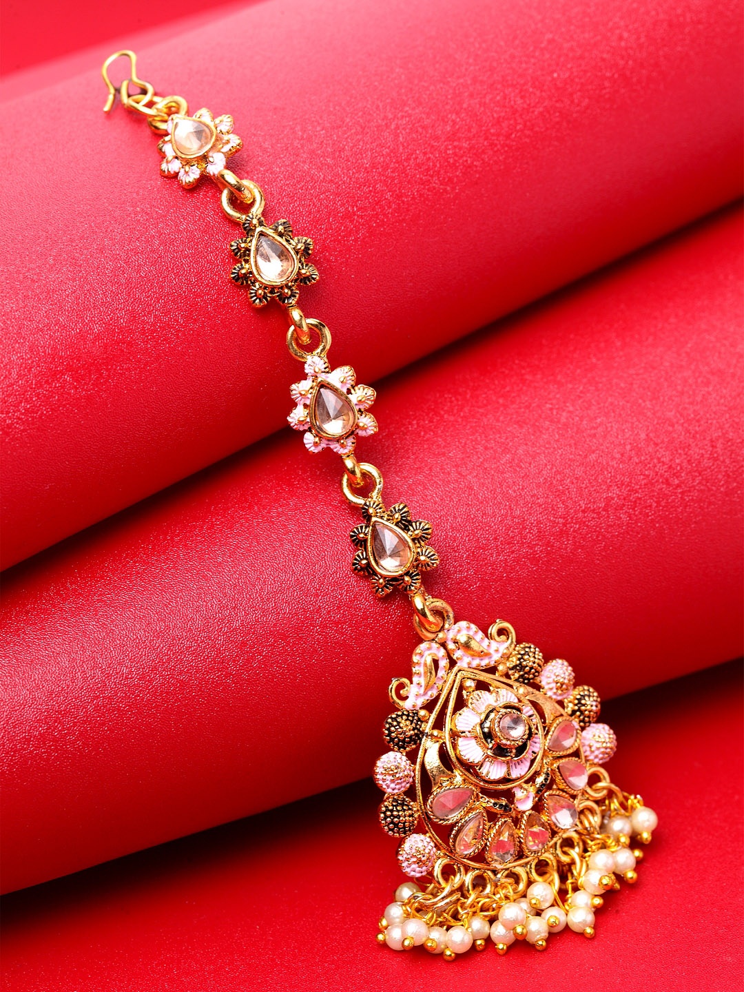 

ANIKAS CREATION Gold-Plated Pink & White Kundan & Pearl Hand-Painted Ganthan Enamelled Maang Tikka