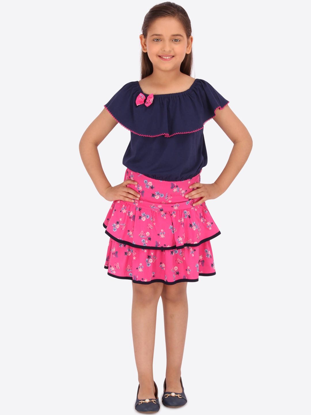 

CUTECUMBER Girls Navy Blue & Pink Solid Top with Layered Skirt