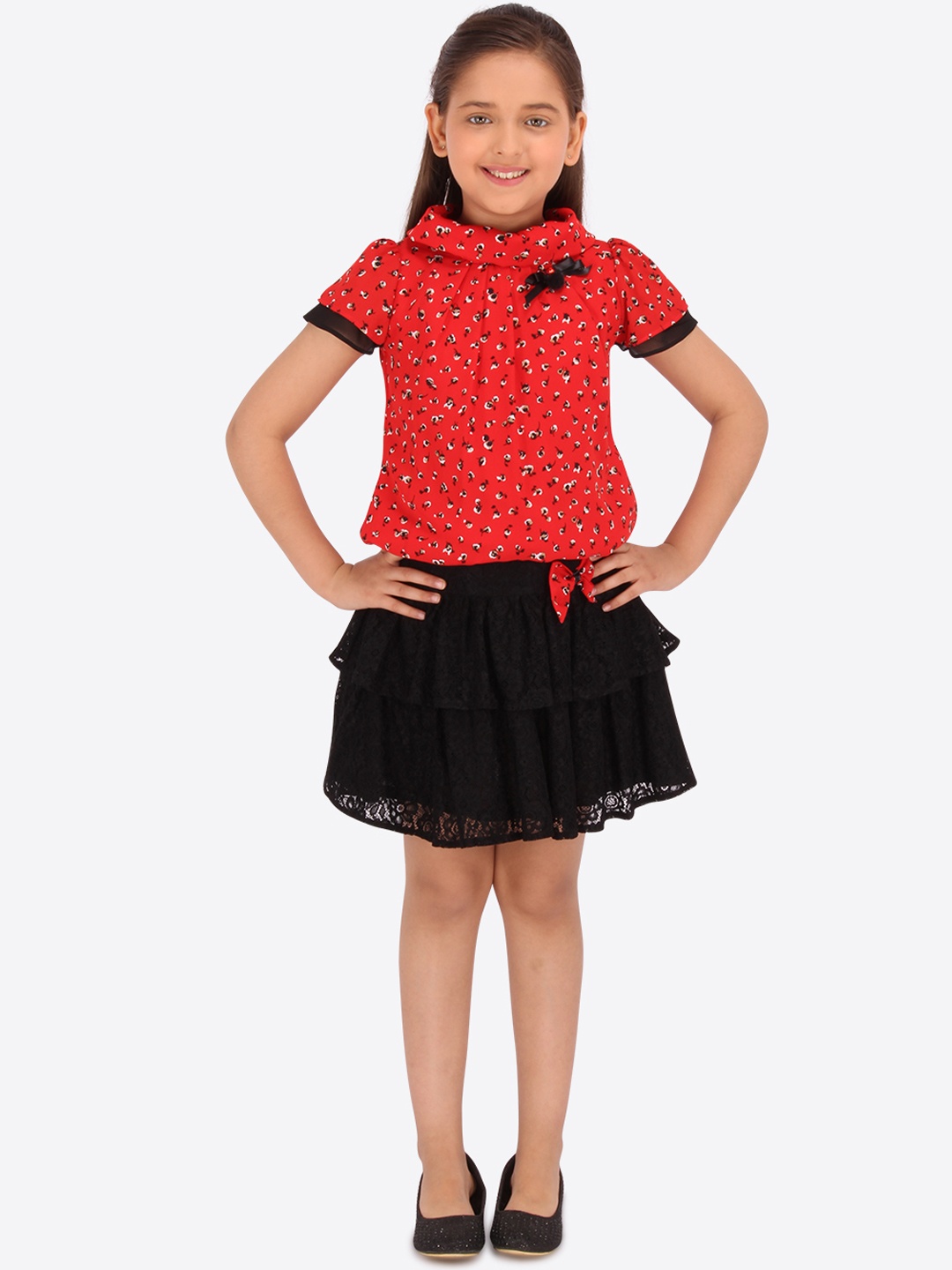 

CUTECUMBER Girls Red & Black Printed Top with Skirt