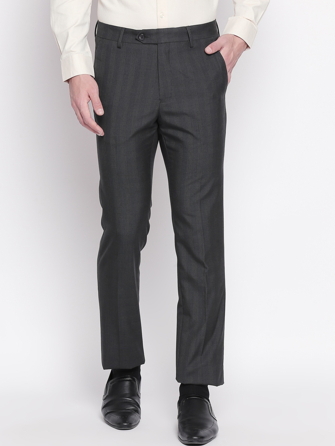 

RICHARD PARKER by Pantaloons Men Black & Grey Slim Fit Checked Formal Trousers