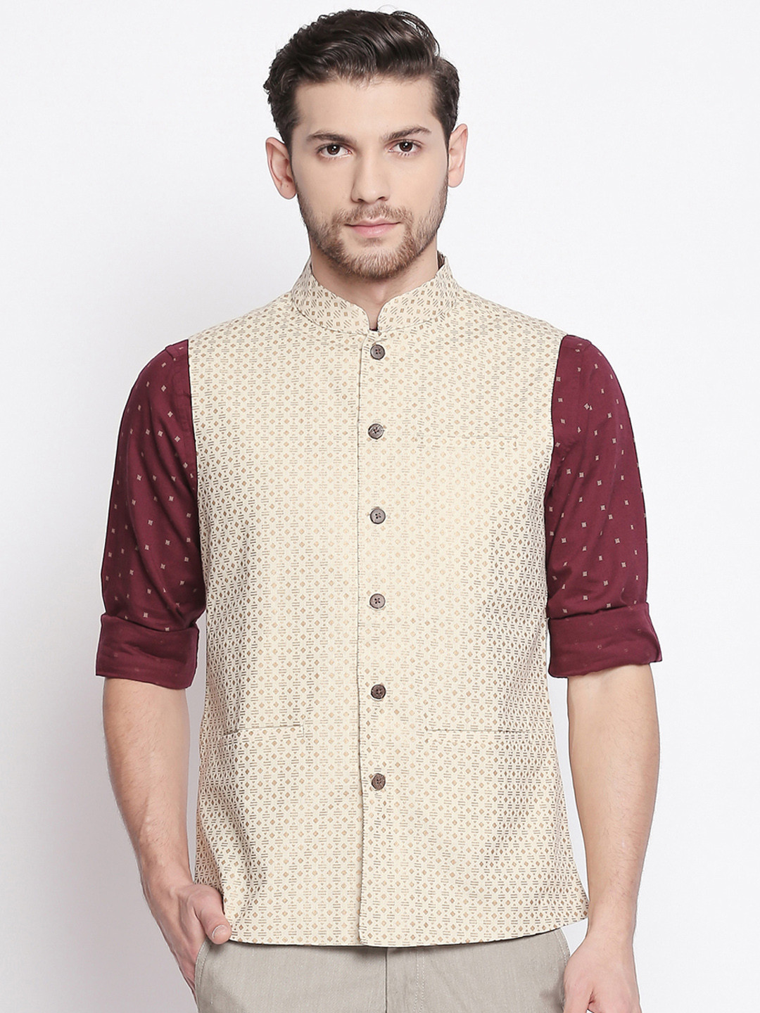 

indus route by Pantaloons Men Off-White & Gold-Coloured Printed Pure Cotton Nehru Jacket