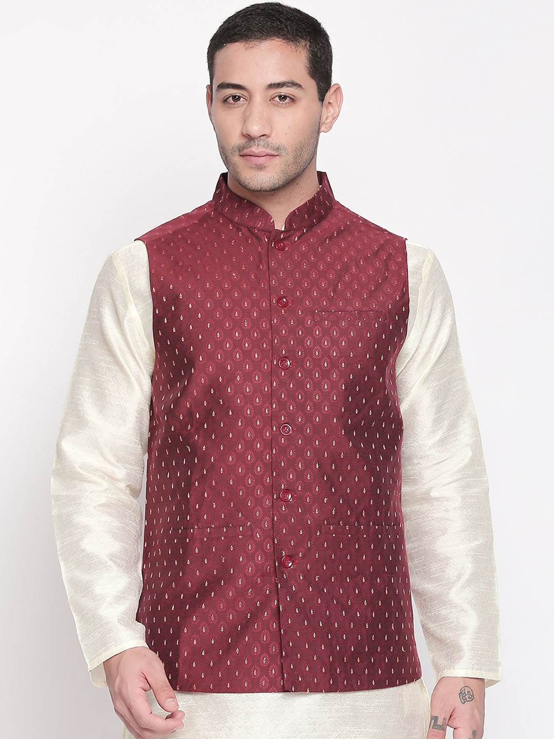 

indus route by Pantaloons Men Maroon Printed Nehru Jacket