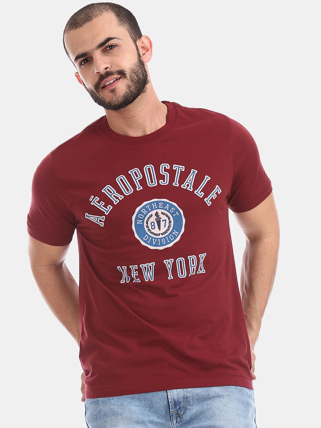 

Aeropostale Men Maroon Printed Round Neck Pure Cotton T-shirt