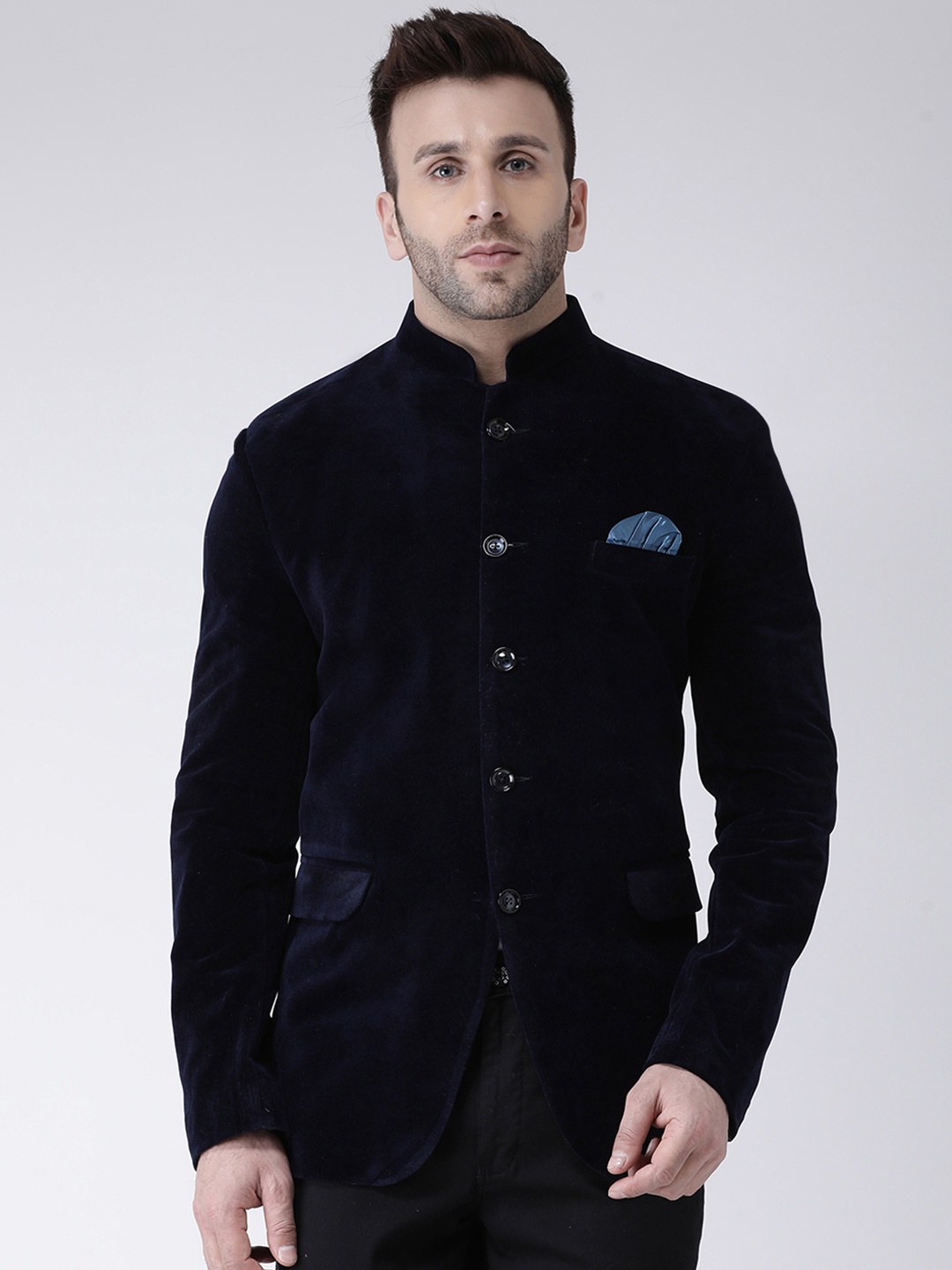 

Hangup Men Navy Blue Solid Velvet Bandhgala Blazer