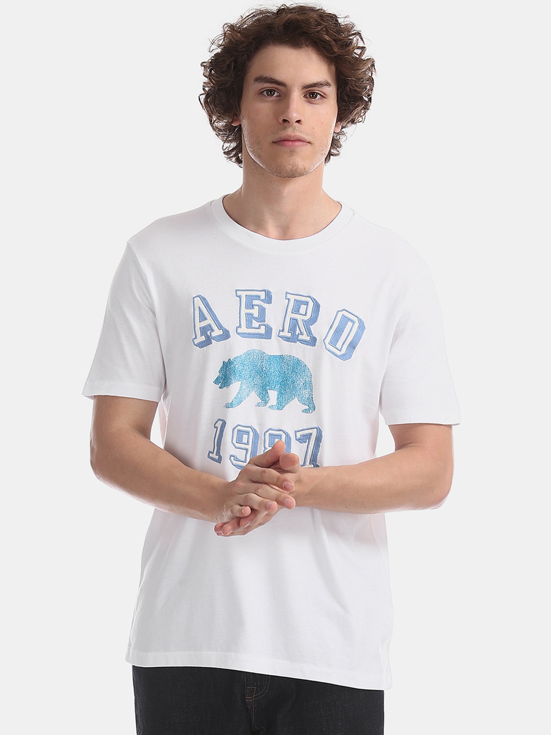 

Aeropostale Men White & Blue Printed Round Neck T-shirt