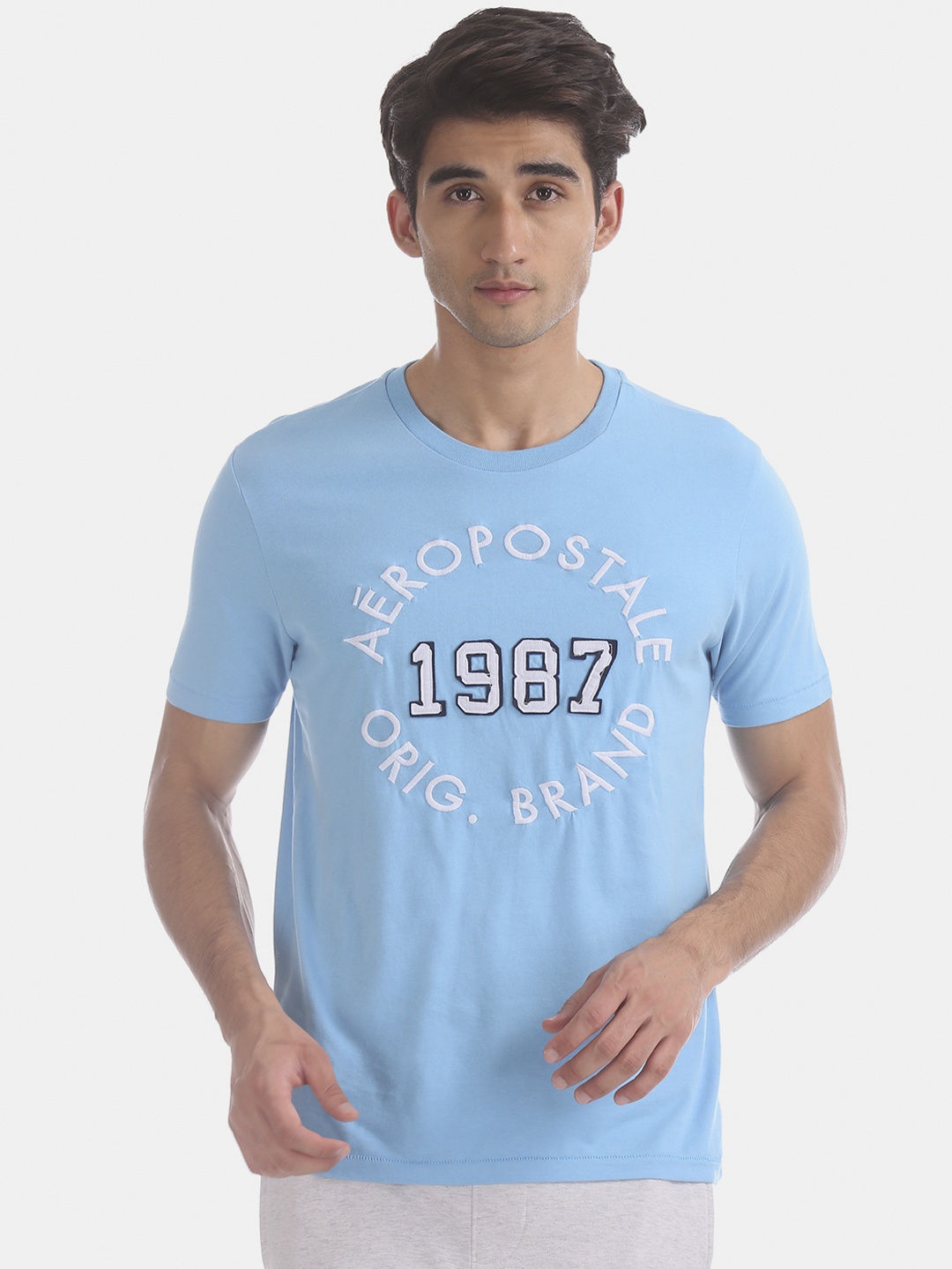 

Aeropostale Men Blue & White Printed Round Neck T-shirt