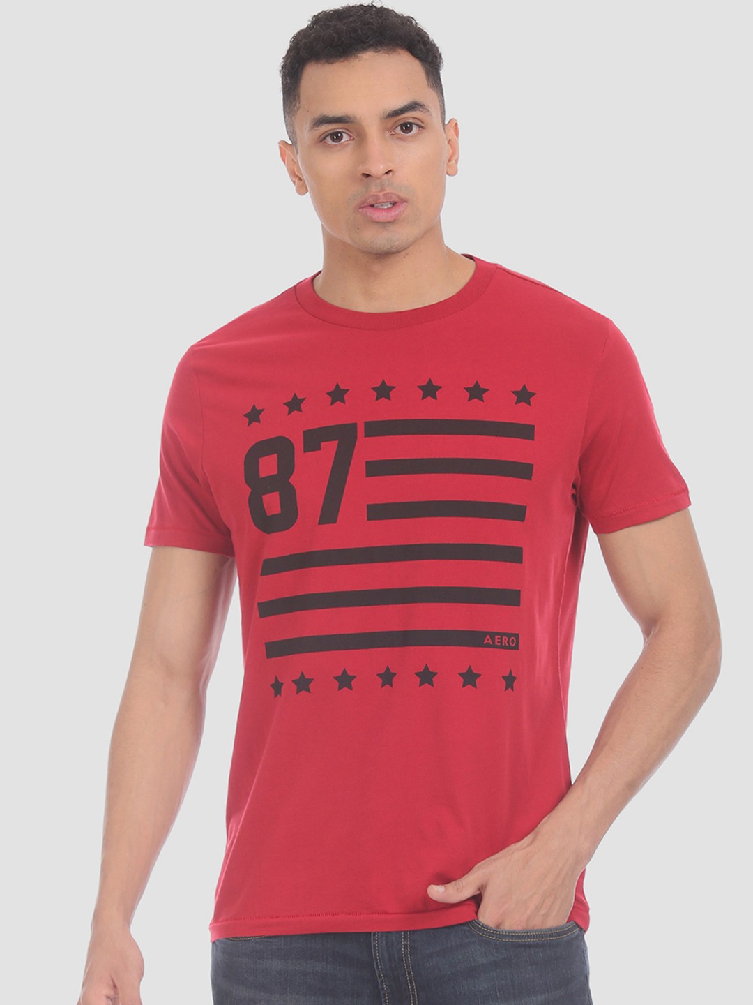

Aeropostale Men Red Black Printed Round Neck Pure Cotton T-shirt