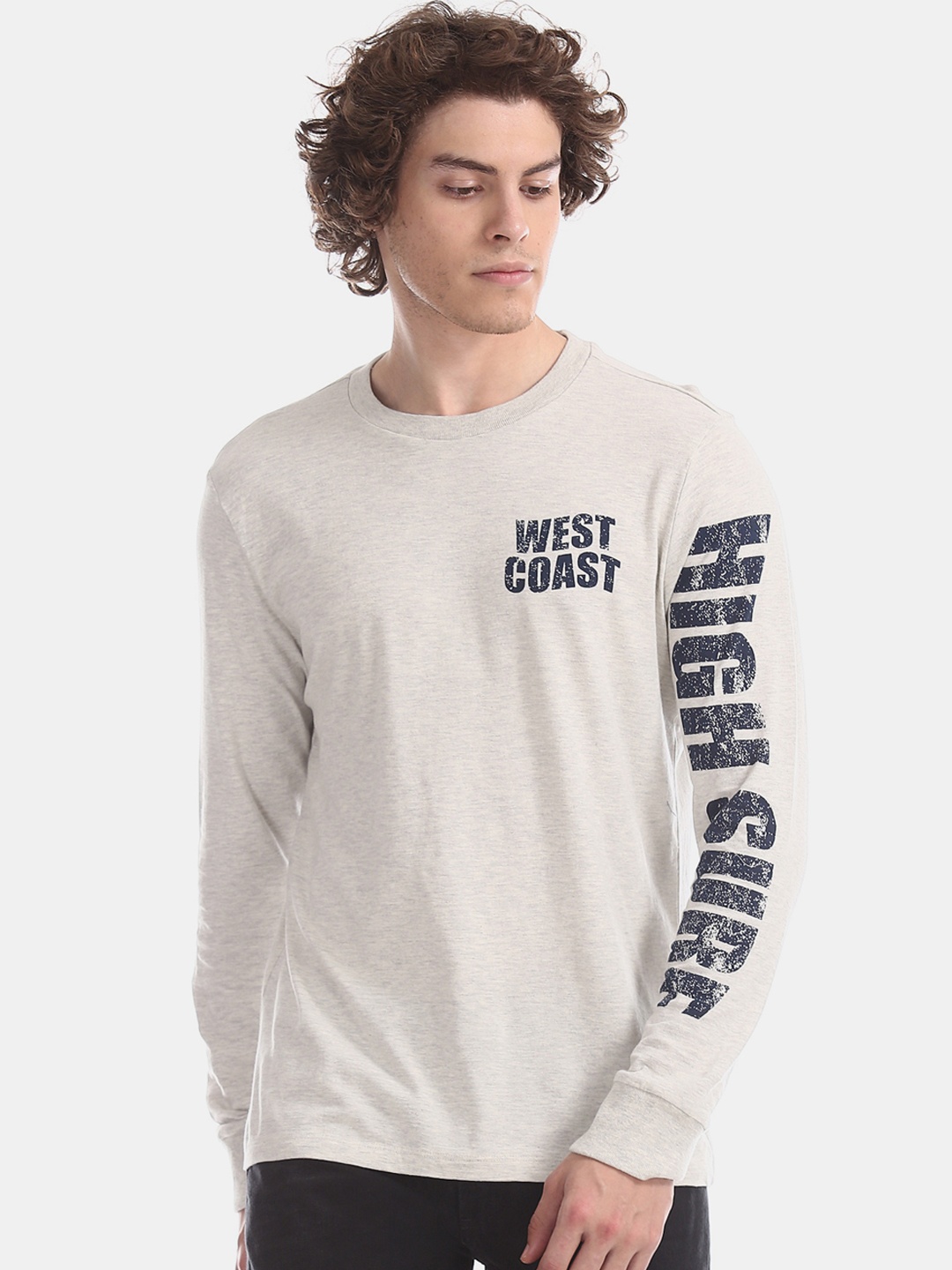 

Aeropostale Men Grey Melange & Black Printed Round Neck T-shirt