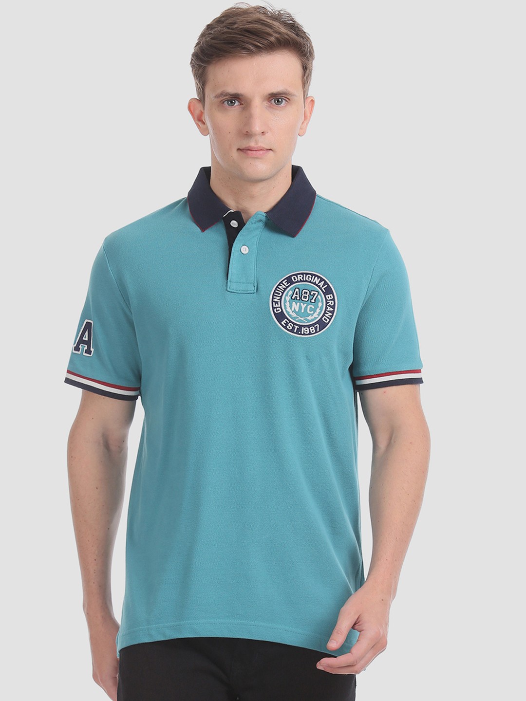 

Aeropostale Men Blue Printed Polo Collar Pure Cotton T-shirt