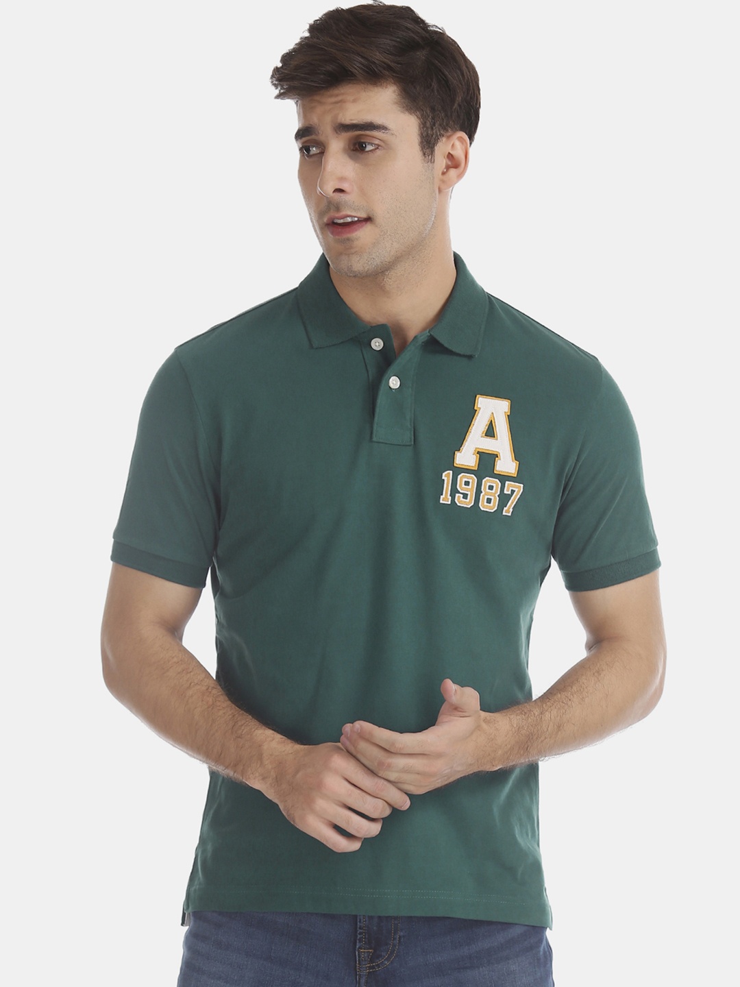 

Aeropostale Men Green Printed Polo Collar Pure Cotton T-shirt