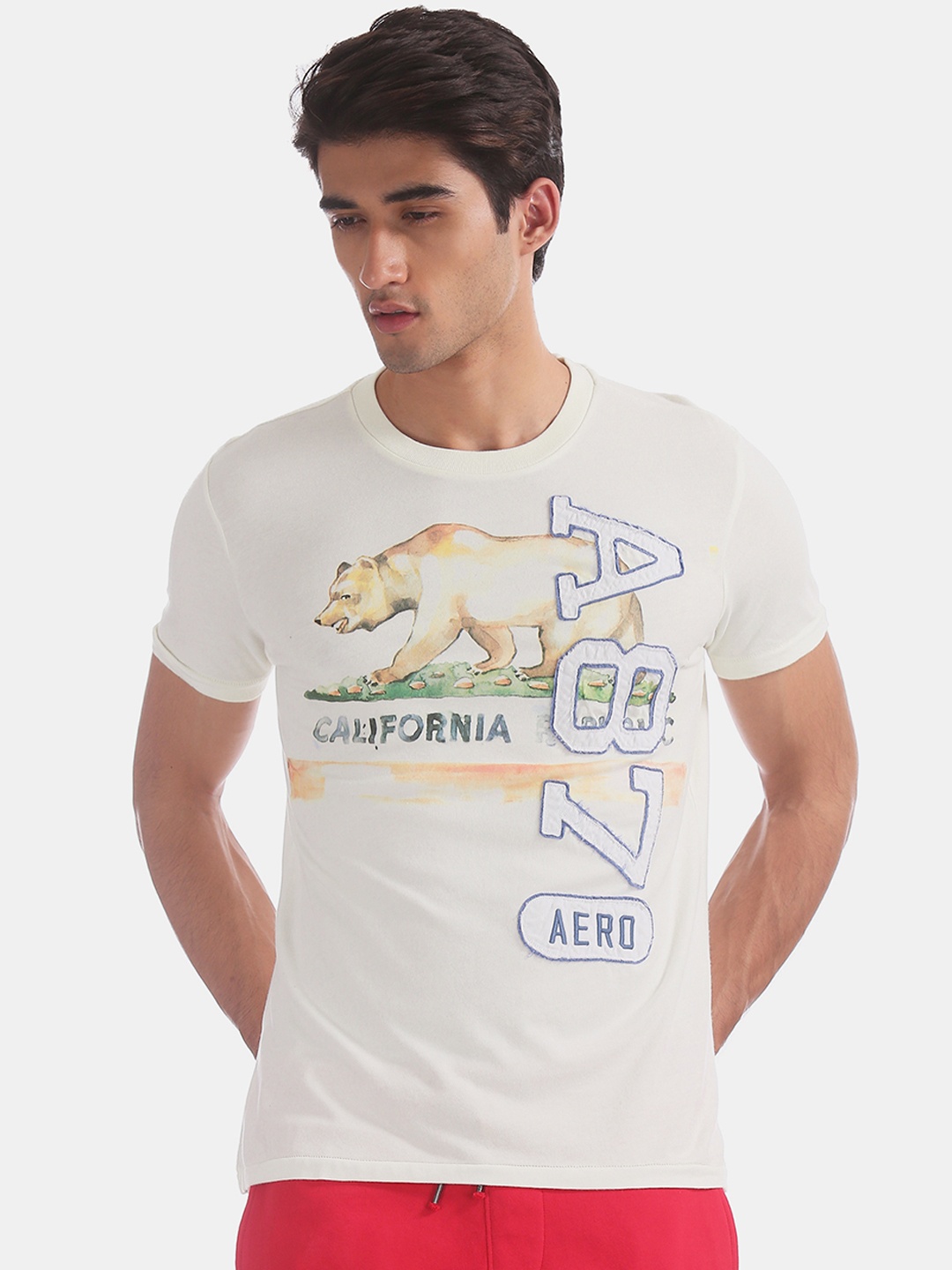 

Aeropostale Men Off-White Printed Round Neck Pure Cotton T-shirt