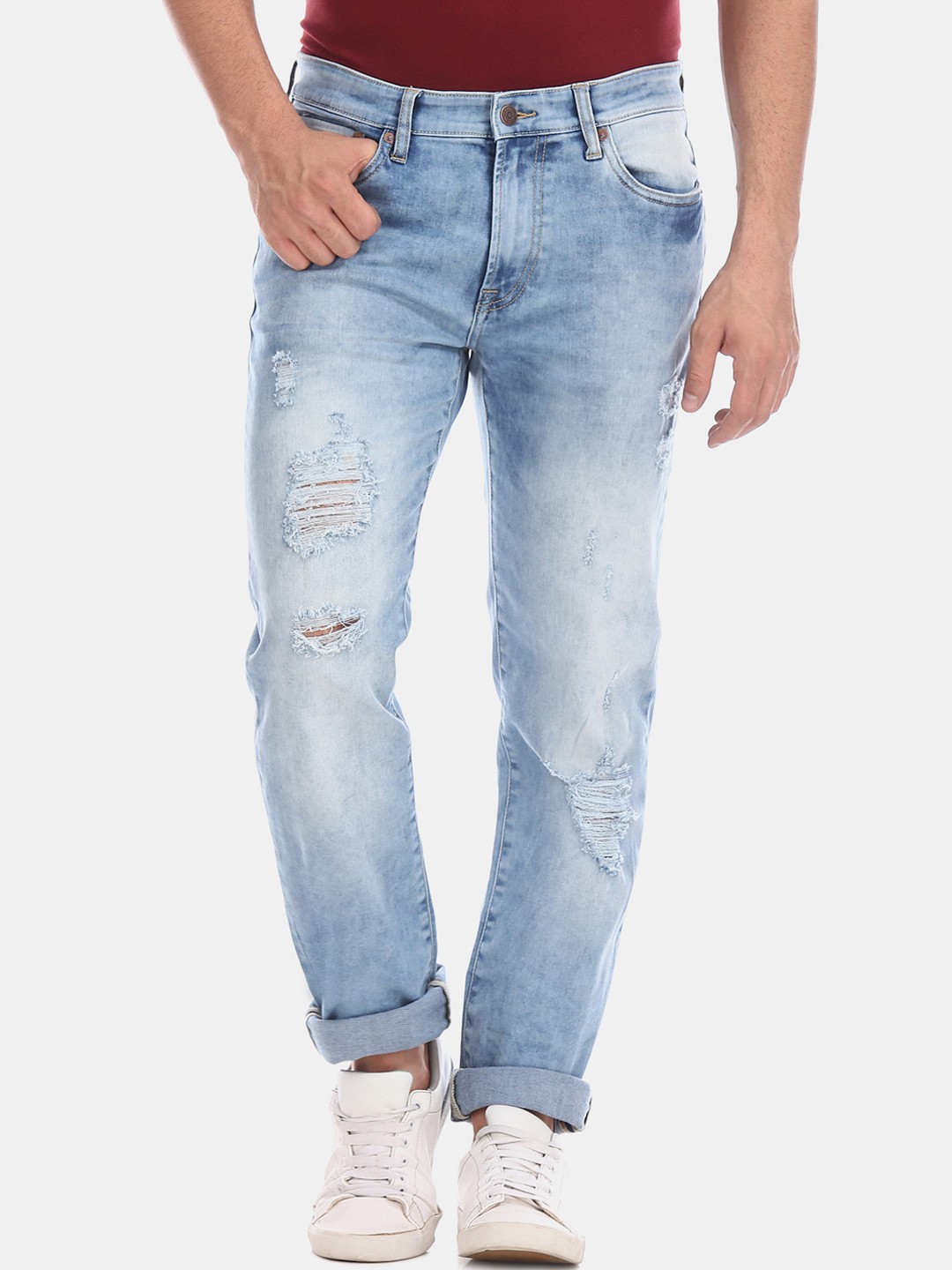 

Aeropostale Men Blue Regular Fit Mid-Rise Highly Distressed Stretchable Jeans