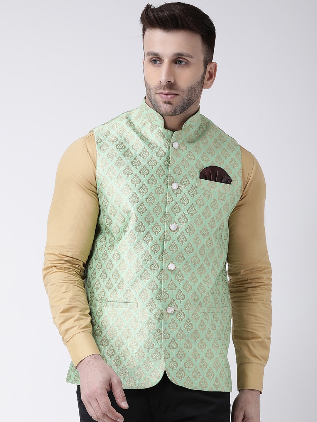 

Hangup Men Green Woven Design Nehru Jacket