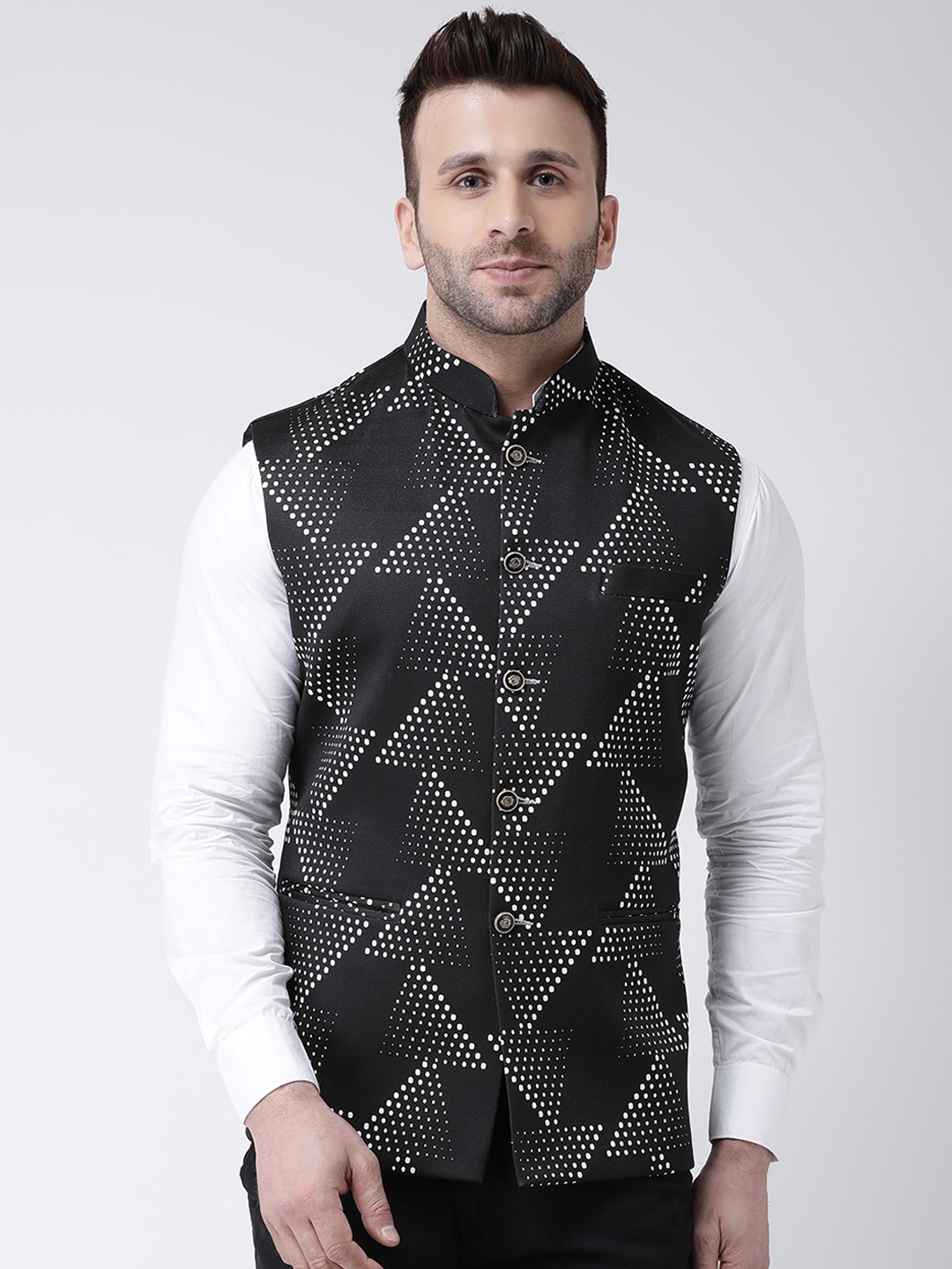 

Hangup Men Black & White Printed Nehru Jacket