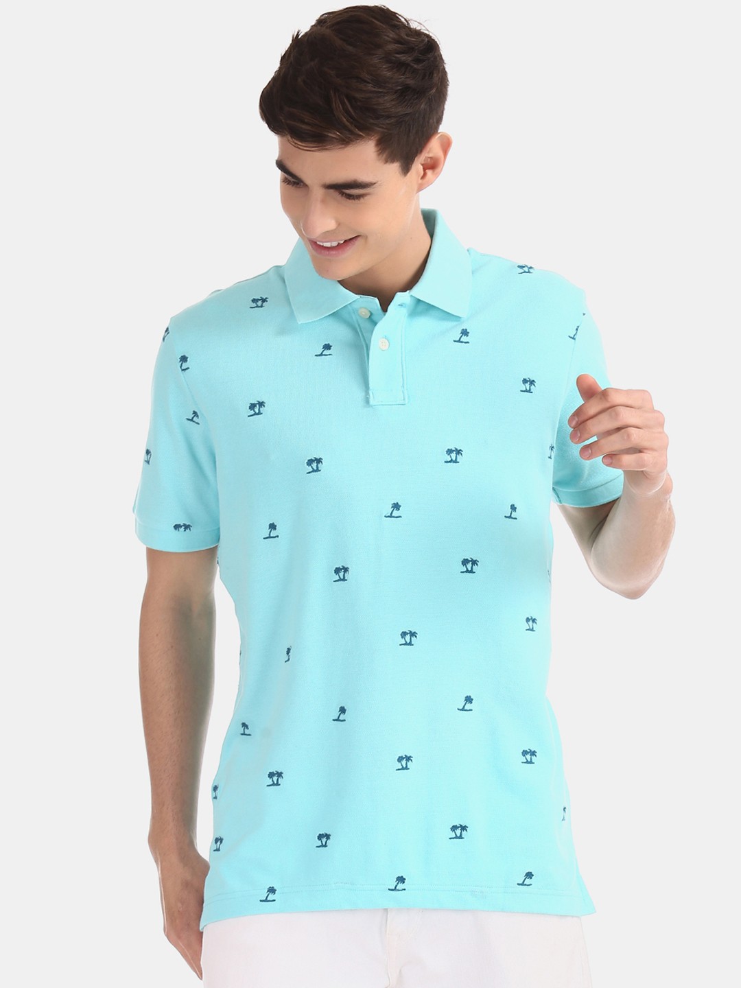 

Aeropostale Men Blue Printed Polo Collar Pure Cotton T-shirt