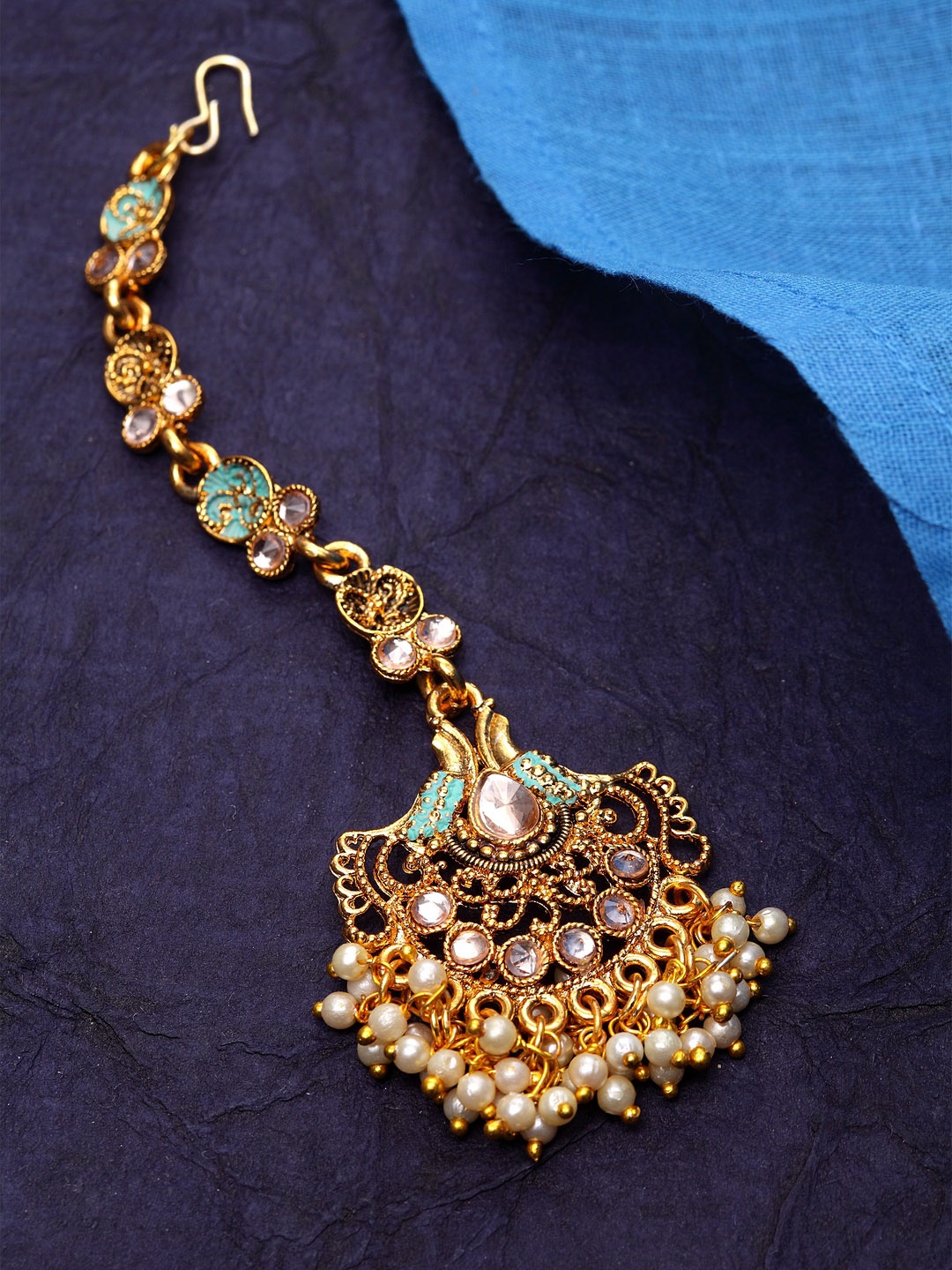 

ANIKAS CREATION Gold-Plated & Sea Green Kundan-Studded Enamelled Hand-Painted Maang Tikka