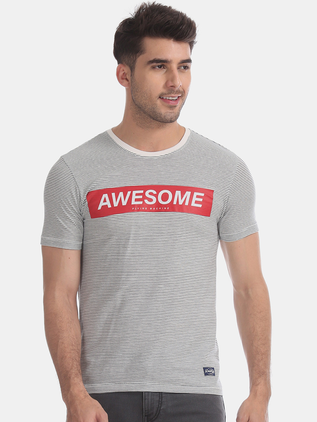 

Flying Machine Men White & Black Striped Round Neck T-shirt