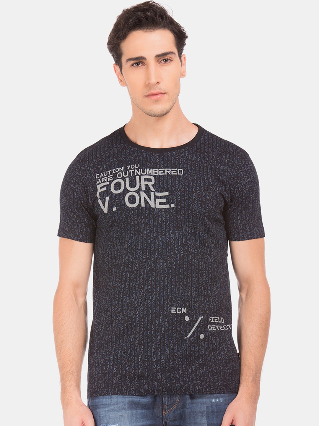 

Flying Machine Men Black Blue Printed Round Neck Pure Cotton T-shirt