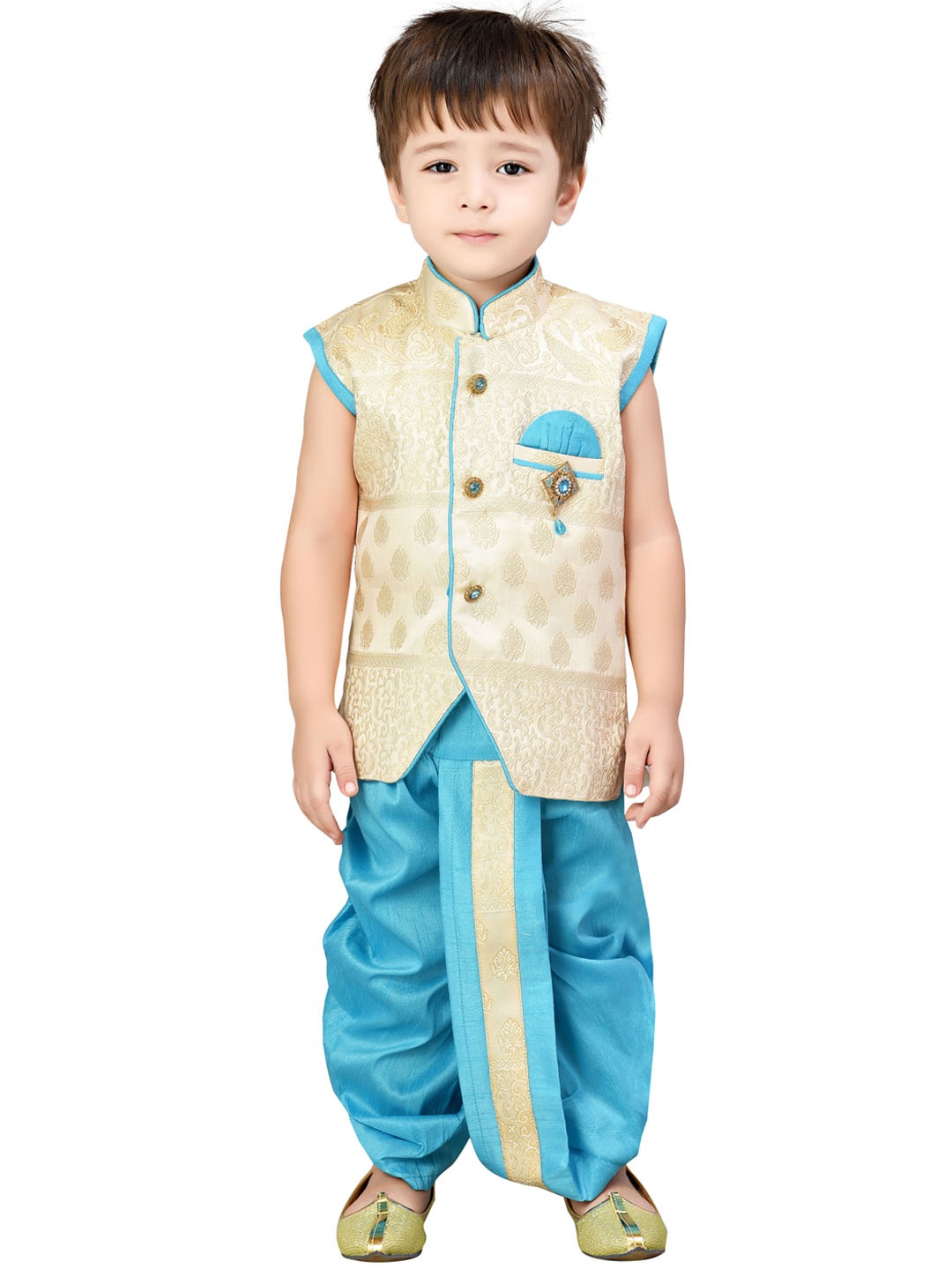 

Jeetethnics Boys Blue & Beige Self Design Kurta with Dhoti Pants
