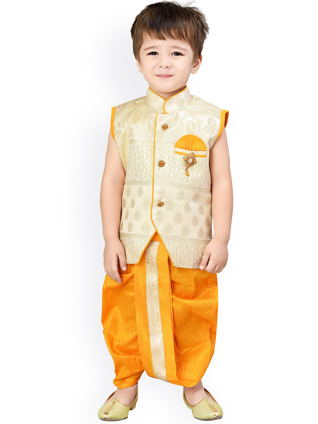 

Jeetethnics Boys Yellow & Beige Self Design Kurta with Dhoti Pants