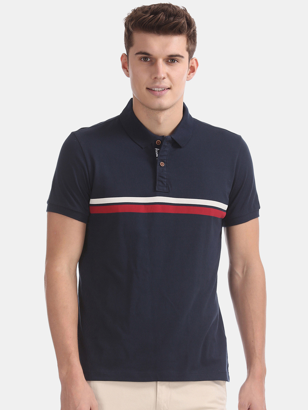 

Arrow Blue Jean Co. Men Navy Blue Red Striped Polo Collar Pure Cotton T-shirt