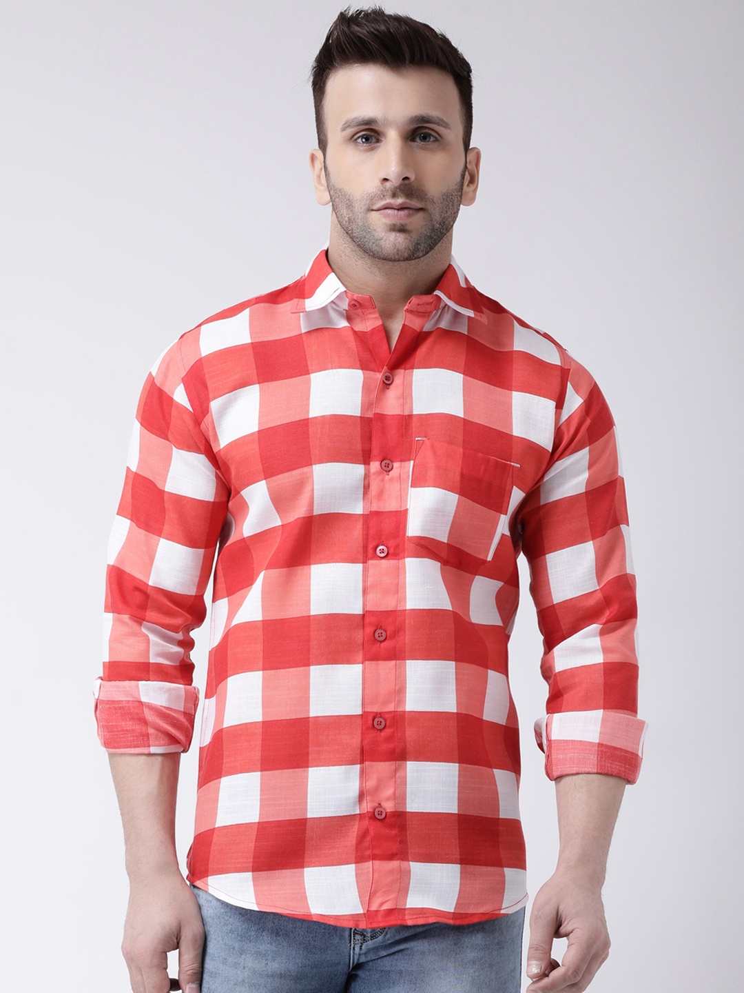 

Hangup Men White & Red Slim Fit Checked Casual Shirt