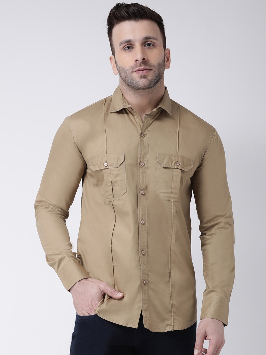 

Hangup Men Khaki Brown Smart Slim Fit Solid Casual Shirt