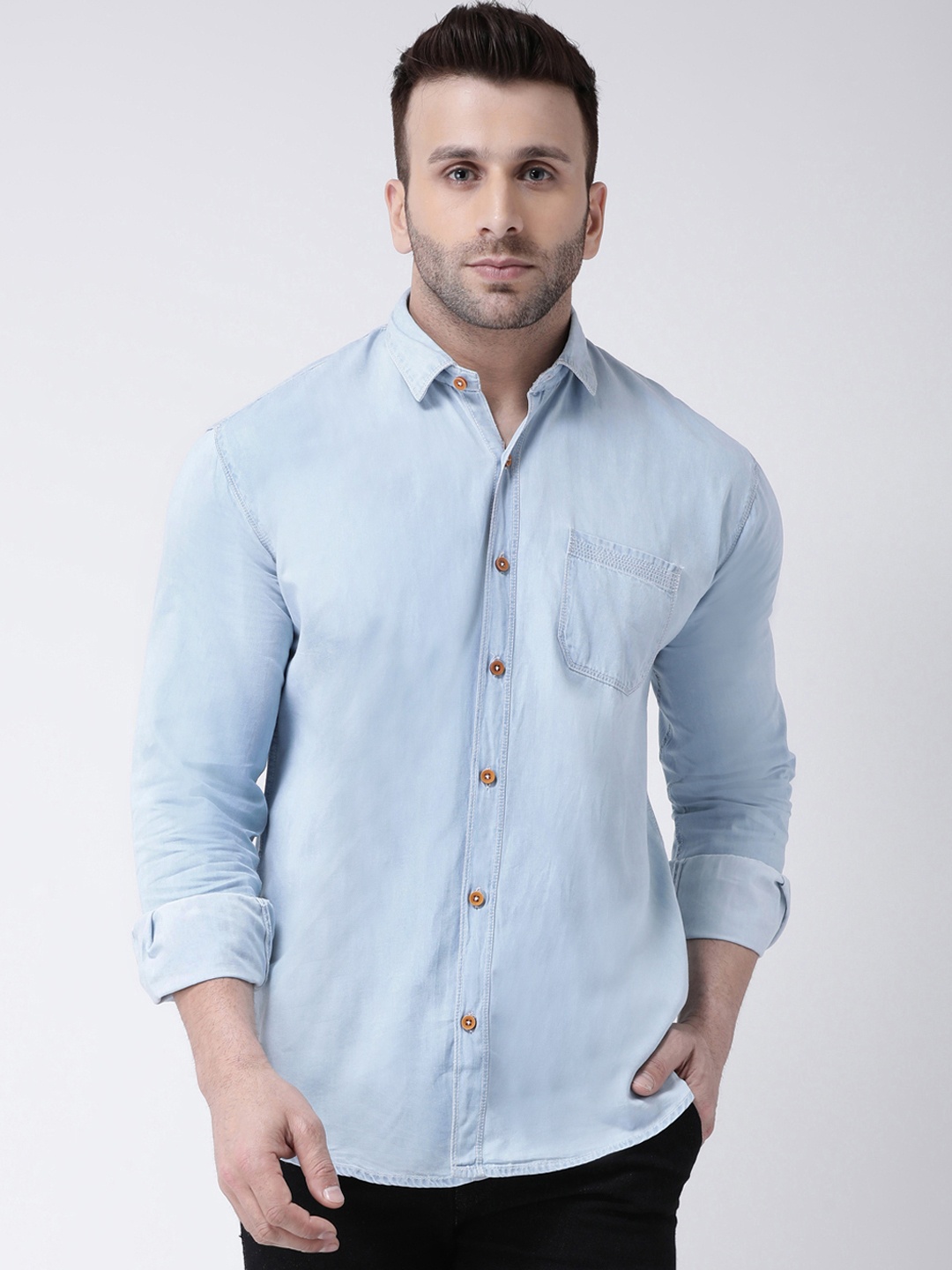

Hangup Men Blue Smart Slim Fit Solid Denim Casual Shirt
