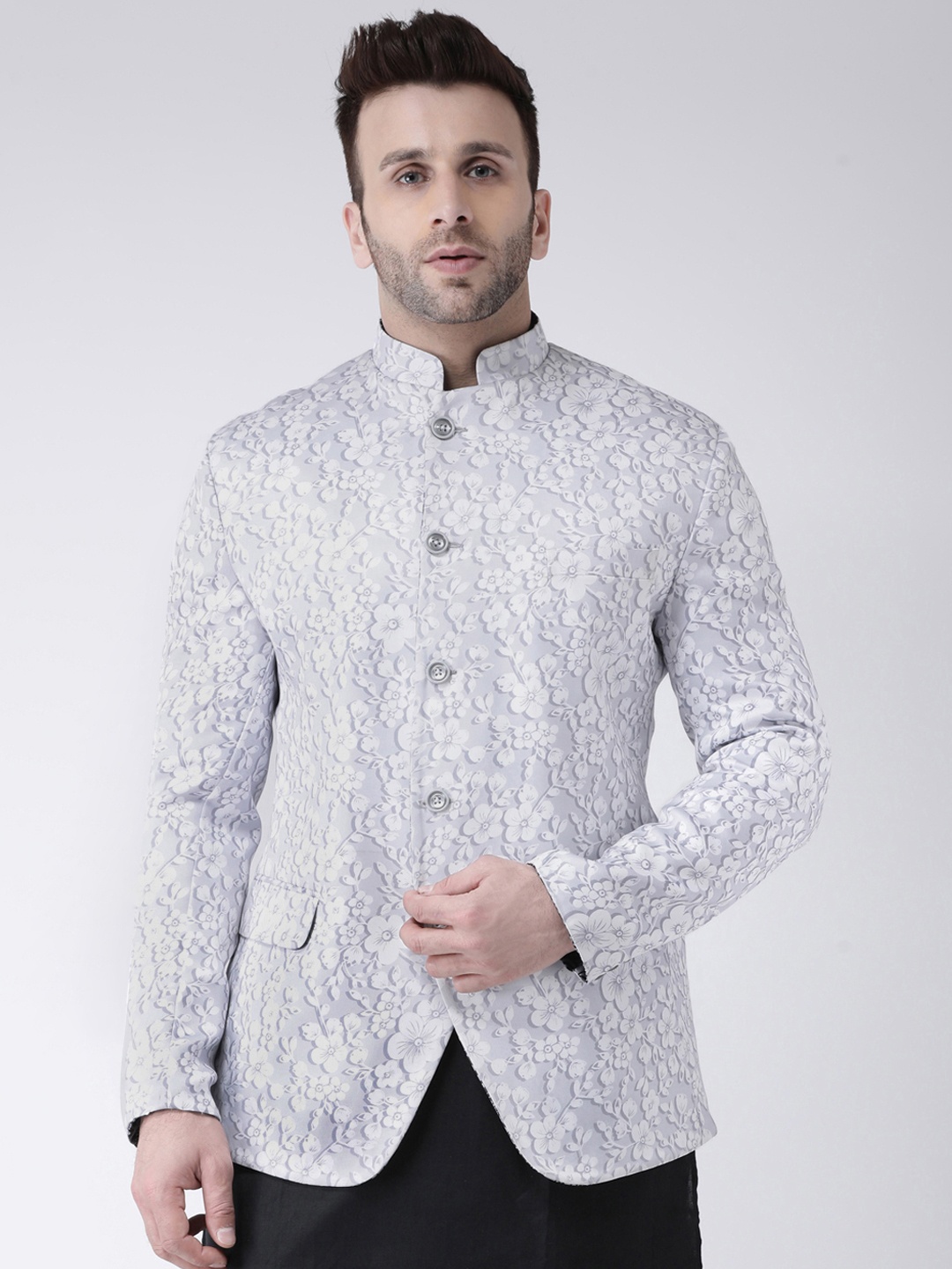 

Hangup Men White & Grey Floral Printed Bandhgala Blazer