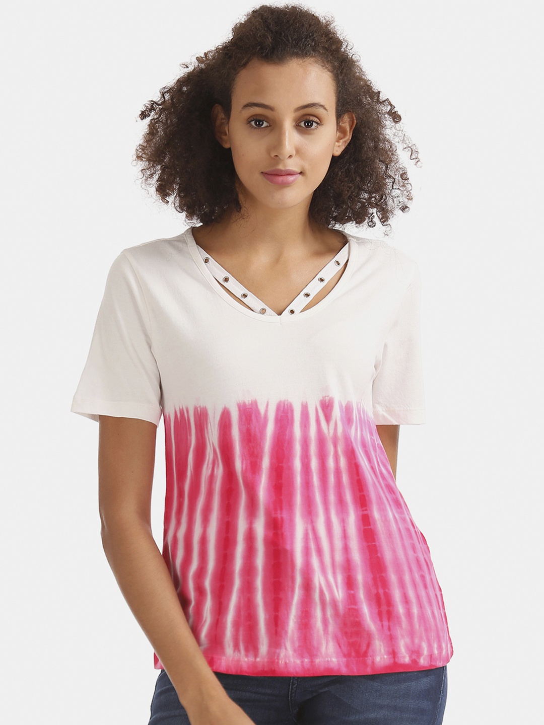 

Flying Machine Women White Pink Dyed V-Neck Pure Cotton T-shirt