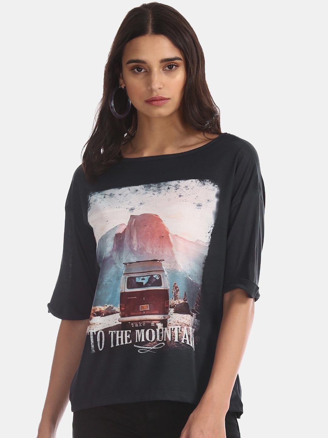 

Flying Machine Women Black Printed Round Neck T-shirt