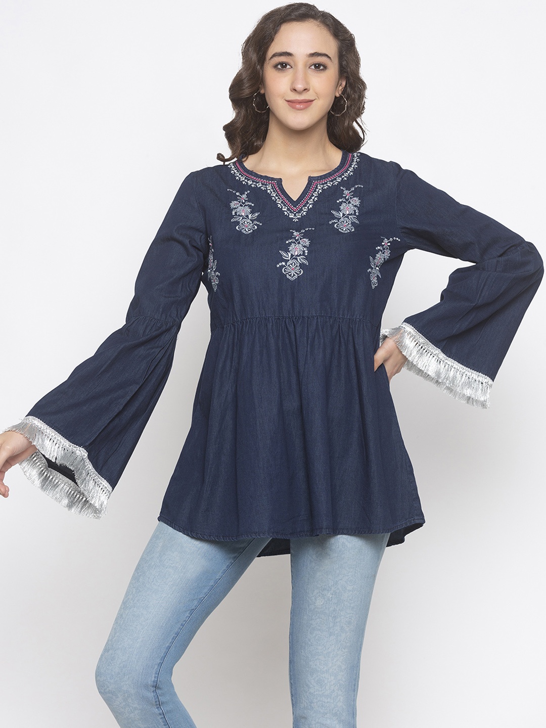 

Globus Women Blue Embroidered Cinched Waist Longline Pure Cotton Top