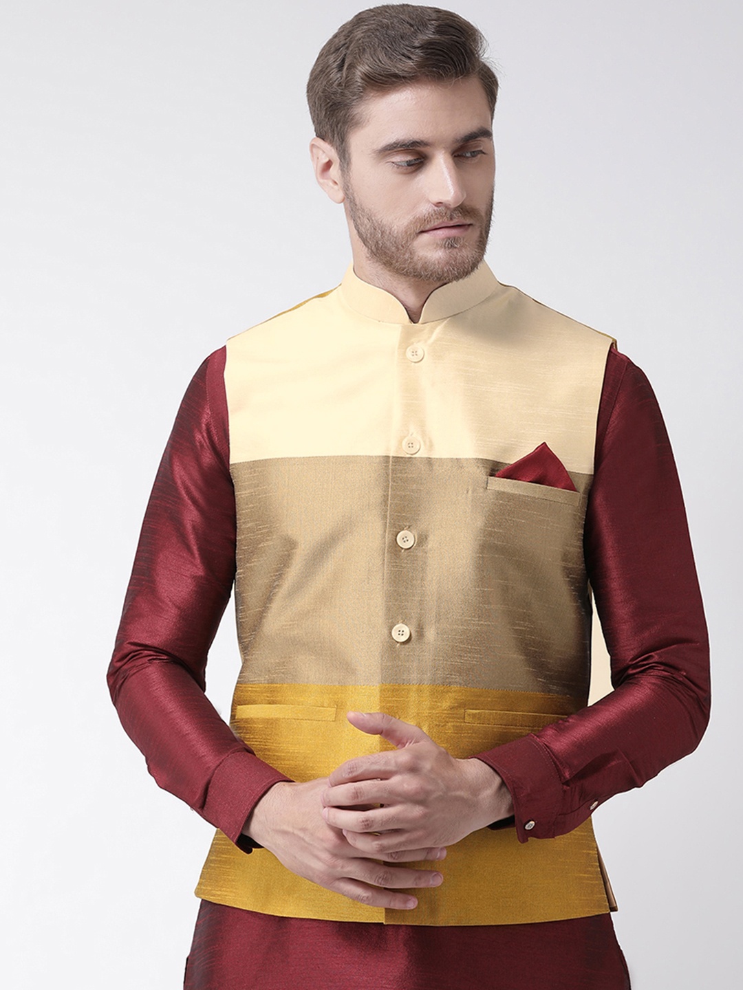 

Deyann Men Cream-Coloured & Beige Colourblocked Nehru Jacket