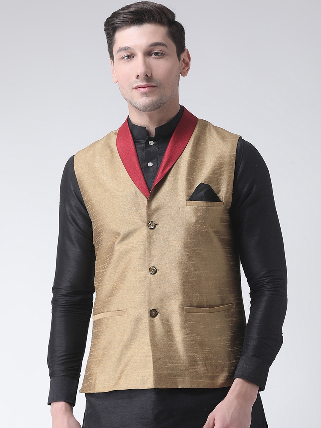

Deyann Men Brown Solid Dupion Silk Nehru Jacket