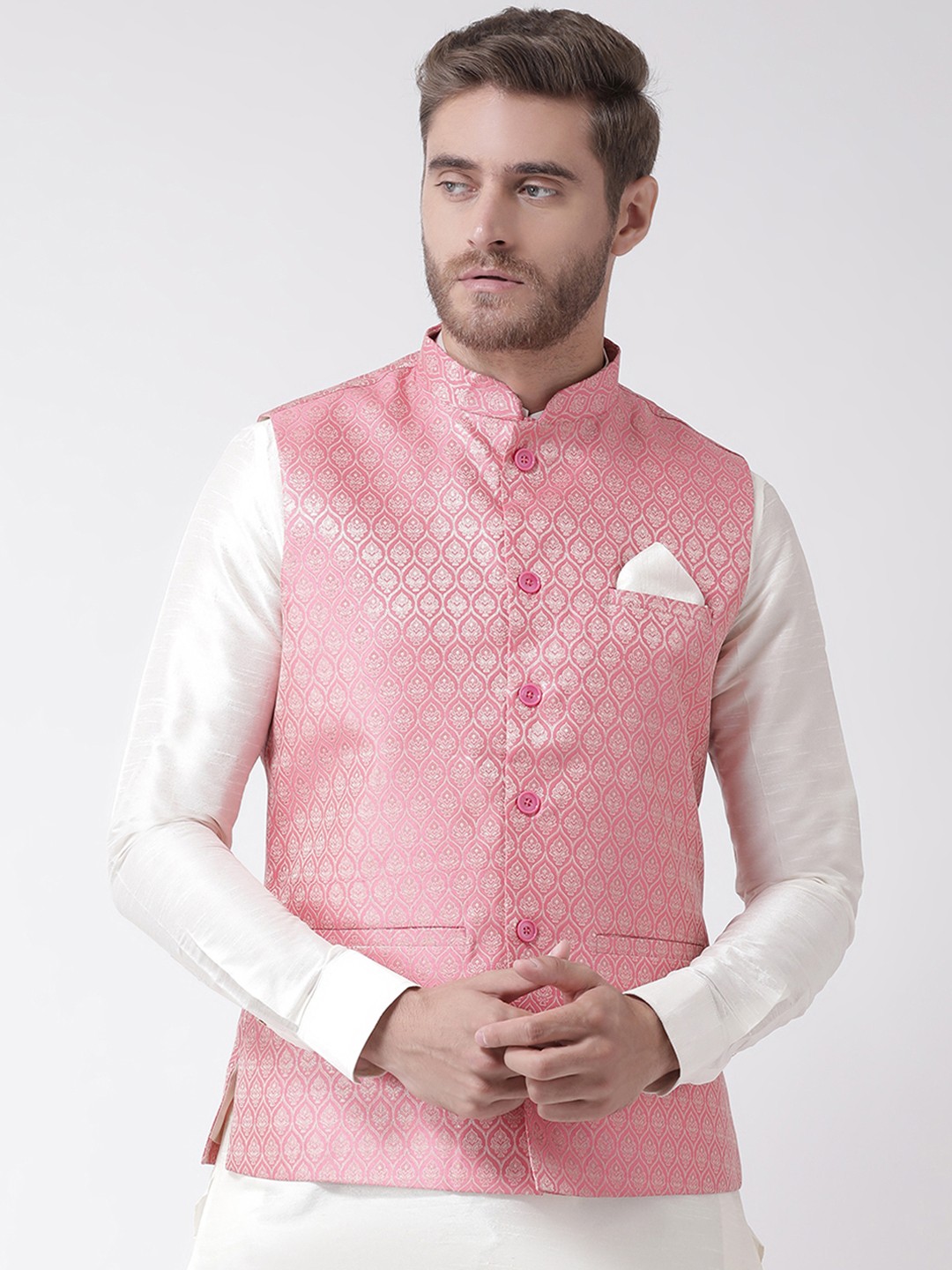 

Deyann Pink Woven Design Nehru Jacket