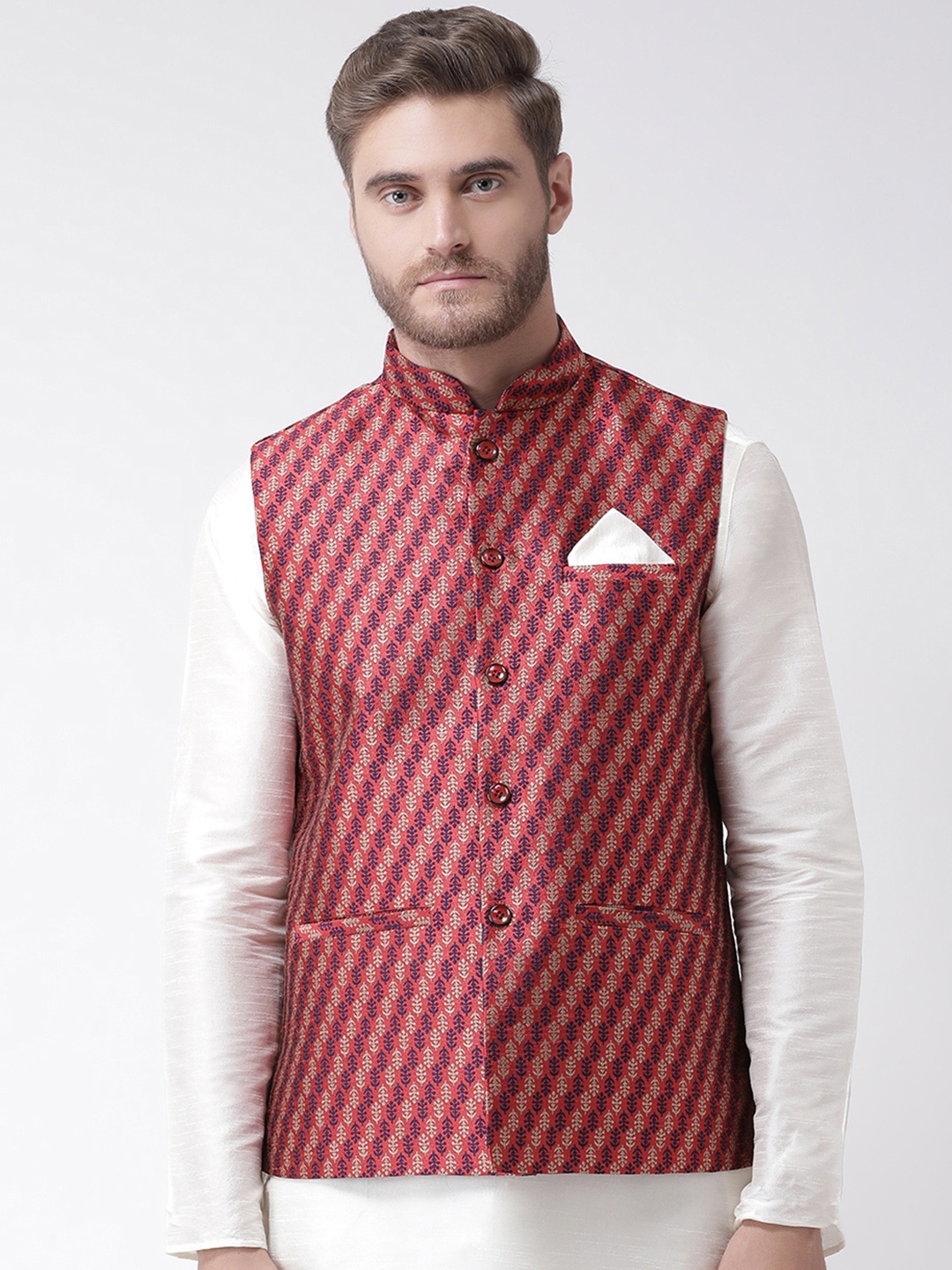 

Deyann Red Printed Nehru Jacket