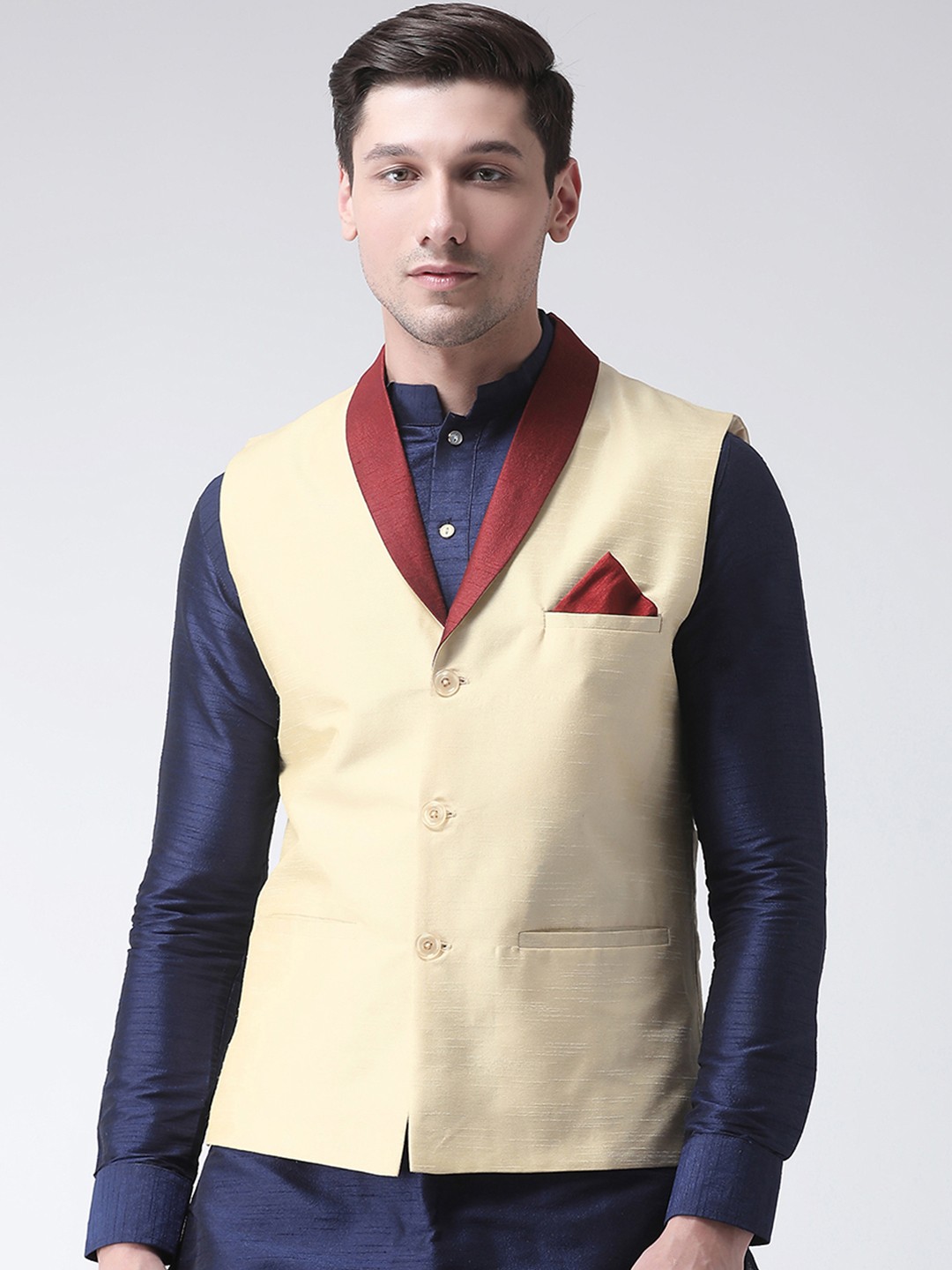 

Deyann Men Cream-Coloured Solid Dupion Silk Nehru Jacket