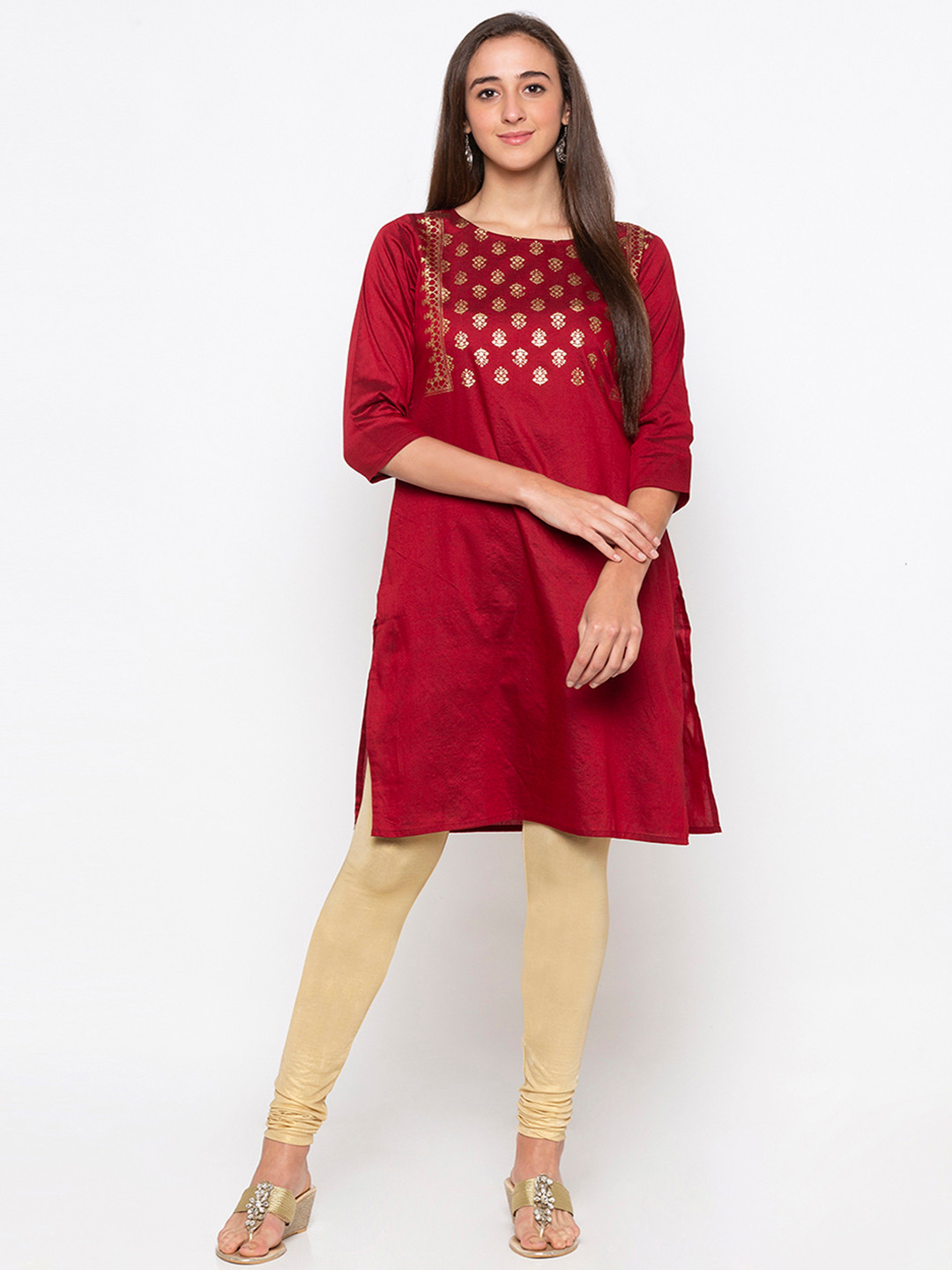 

Globus Women Maroon Yoke Design Straight Kurta
