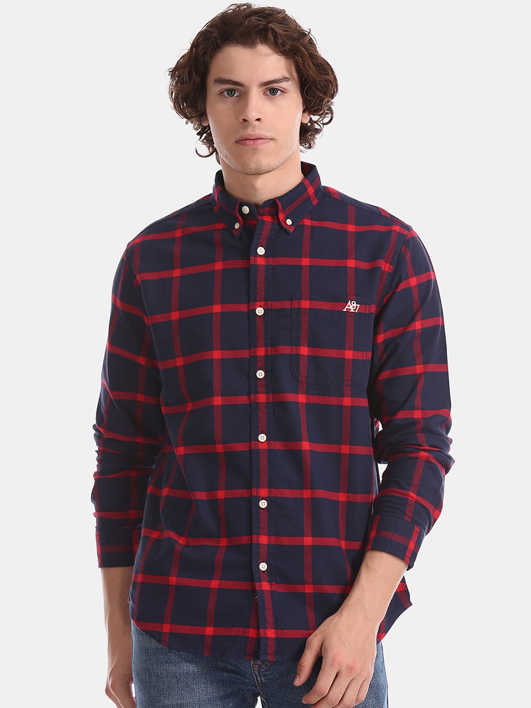 

Aeropostale Men Navy Blue & Red Regular Fit Checked Casual Shirt