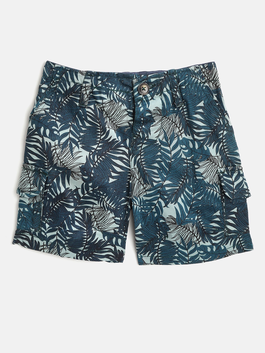 

Nauti Nati Boys Teal Blue & Mint Green Leaf Print Regular Fit Cargo Shorts