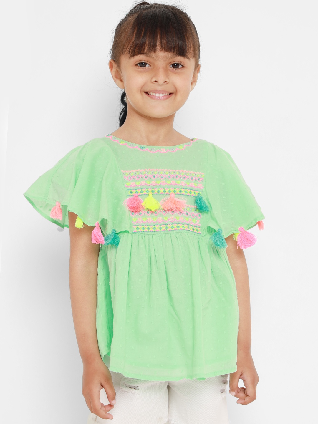 

Nauti Nati Girls Green Embroidered A-line Pure Cotton Top