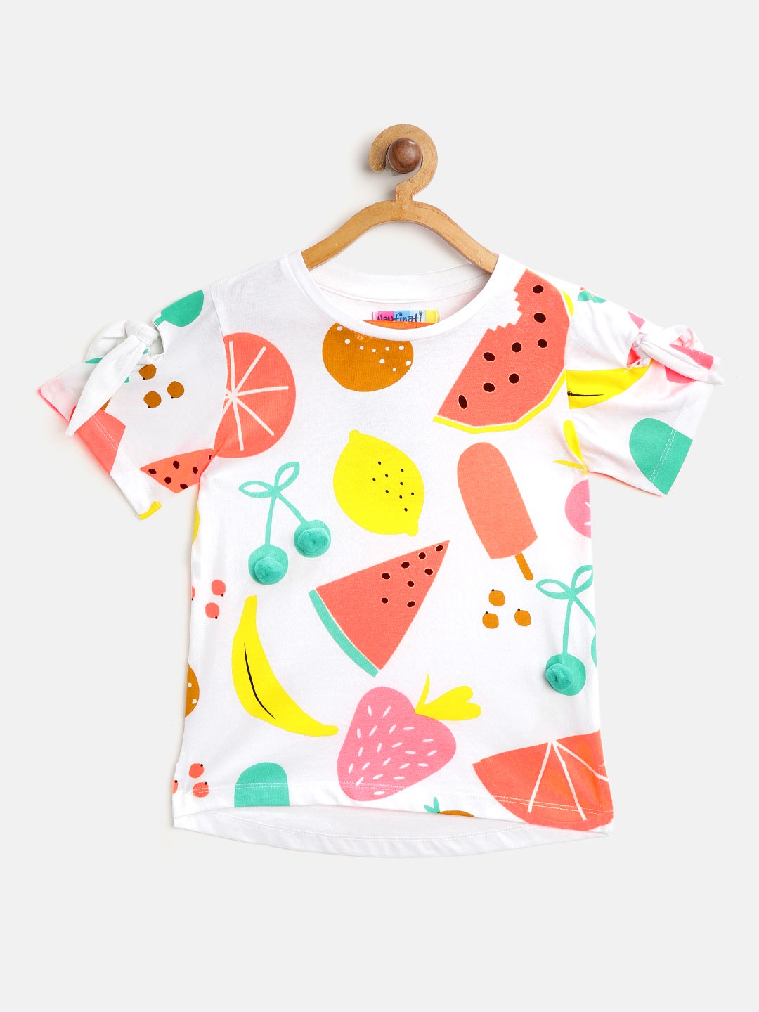 

Nauti Nati Girls White & Coral Orange Printed Regular Pure Cotton Top