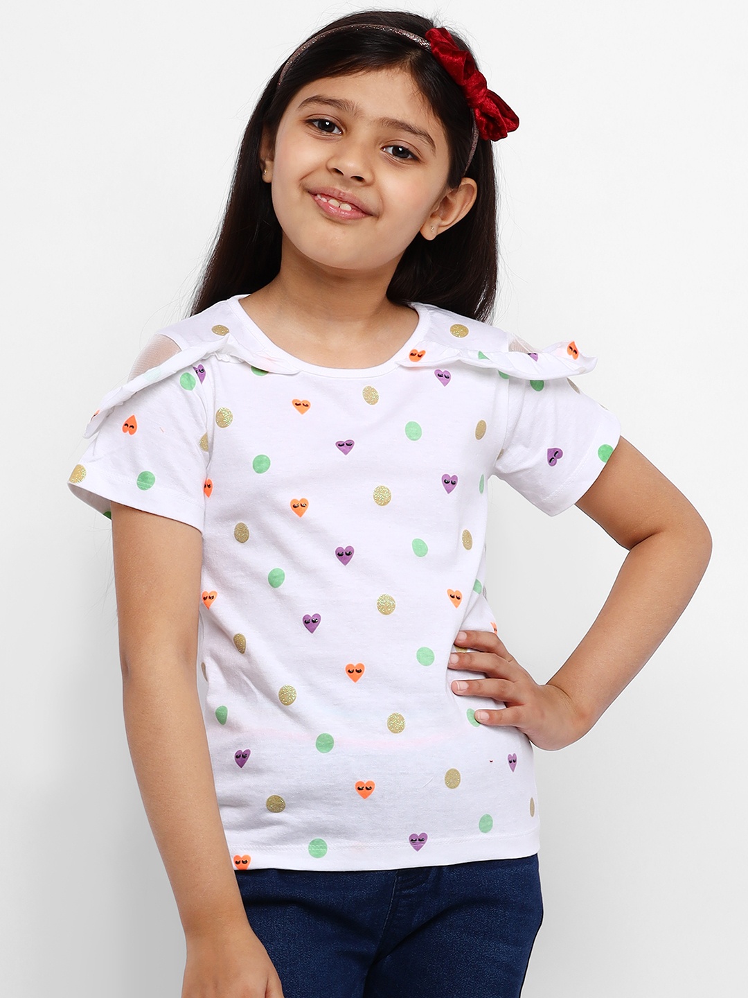 

Nauti Nati Girls White Polka-Dots Printed Regular Pure Cotton Top