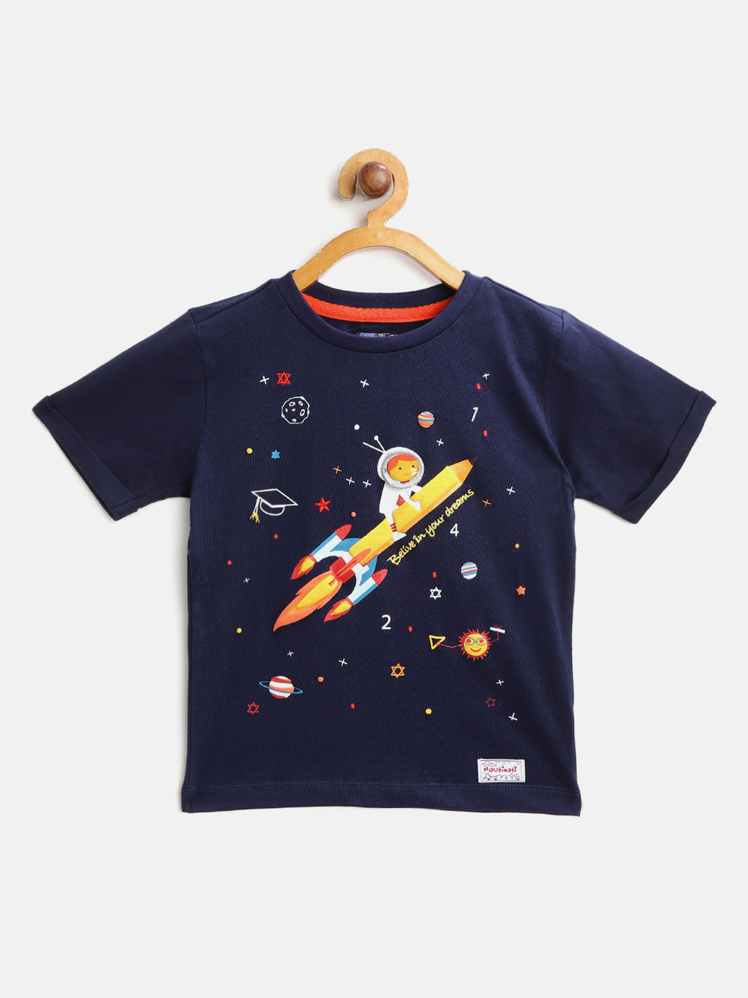 

Nauti Nati Boys Navy Blue Yellow Printed Round Neck Pure Cotton T-shirt